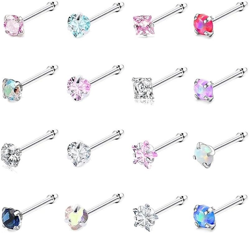 SEEDRILL Nose Rings Studs for Women 16Pcs 18g/20g Nose Studs Hypoallergenic 316L Surgical Steel Nose Piercings Jewelry 3mm CZ & Opal Nose Ring L Shape Nose Stud 20 Gauge Nose Screw Studs - Image 1